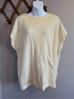 Vintage Cream Sequin Angora Knit Short Sleeve Sweater XL